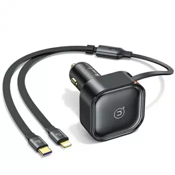 USAMS C41 automobilinis įkroviklis 30W PD greitas įkrovimas su ištraukiamu USB-C & Lightning laidu Juodas (US-CC219)