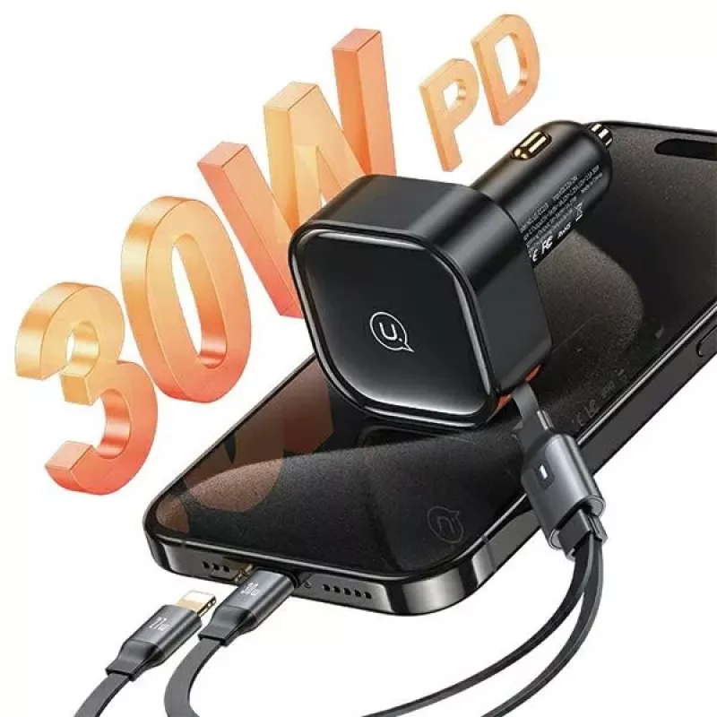 USAMS C41 automobilinis įkroviklis 30W PD greitas įkrovimas su ištraukiamu USB-C & Lightning laidu Juodas (US-CC219)