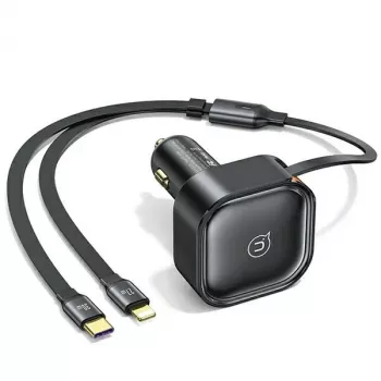 USAMS Automobilinis kroviklis su įtraukiamu kabeliu 2xUSB-C C41 PD 30W Greitas įkrovimas Juodas CC220CC01 (US-CC220)