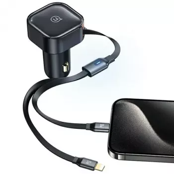 USAMS Automobilinis kroviklis su įtraukiamu kabeliu 2xUSB-C C41 PD 30W Greitas įkrovimas Juodas CC220CC01 (US-CC220)