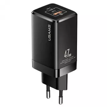 USAMS T41 GaN 47W USB-C+USB-A Fast Charger EU Plug Black