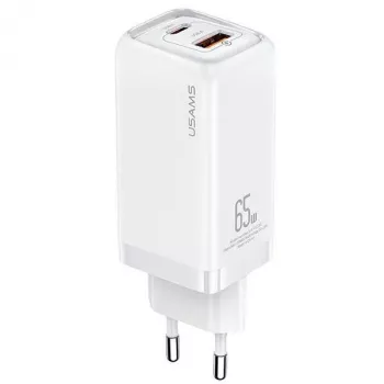 USAMS T47 65W PD Greitasis Įkroviklis Super Si Sieninis Įkroviklis su 1x USB-C ir 1x USB-A, Baltas (CC153TC02)
