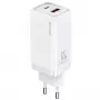 USAMS T47 65W PD Greitasis Įkroviklis Super Si Sieninis Įkroviklis su 1x USB-C ir 1x USB-A, Baltas (CC153TC02)