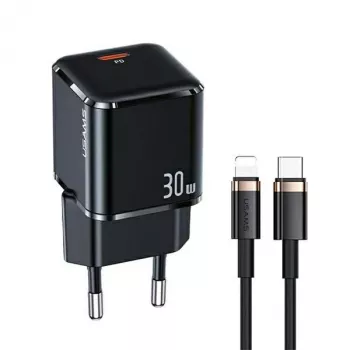 USAMS T45 30W PD3.0 USB-C Greitas Įkroviklis su U63 USB-C į Lightning Laidu, Juodas, UXTZH01