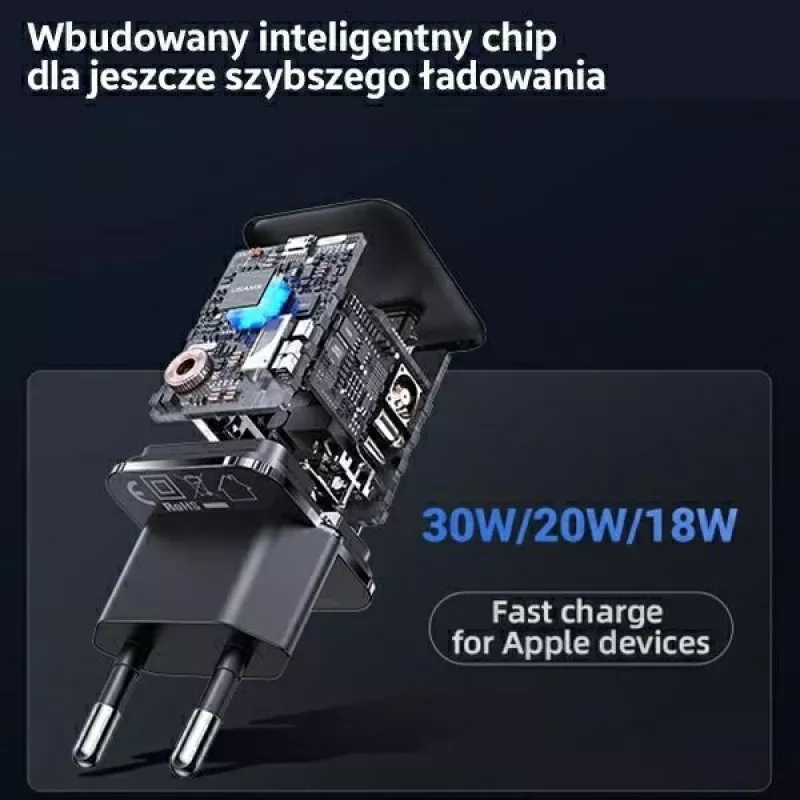 USAMS T45 30W PD3.0 USB-C Greitas Įkroviklis su U63 USB-C į Lightning Laidu, Juodas, UXTZH01