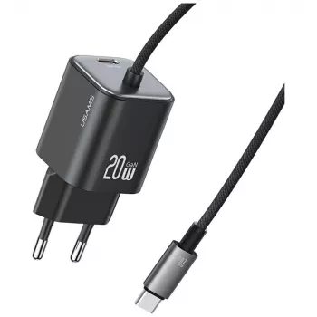 USAMS 20W GaN Fast Charger with USB-C Cable, Black