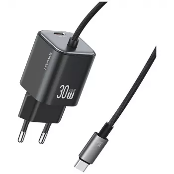 USAMS 30W GaN Fast Charger su USB-C kabeliu (Juoda, EU kištukas)
