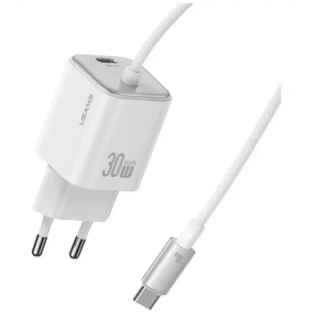 USAMS 30W GaN Fast Charger su USB-C laidu (Juoda)