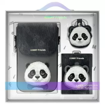 Nimmy 3-in-1 rinkinys: Telefono dėklas + Piniginė + Trakerio dėklas, juodas, Big Eyed Pet 2.0 Panda