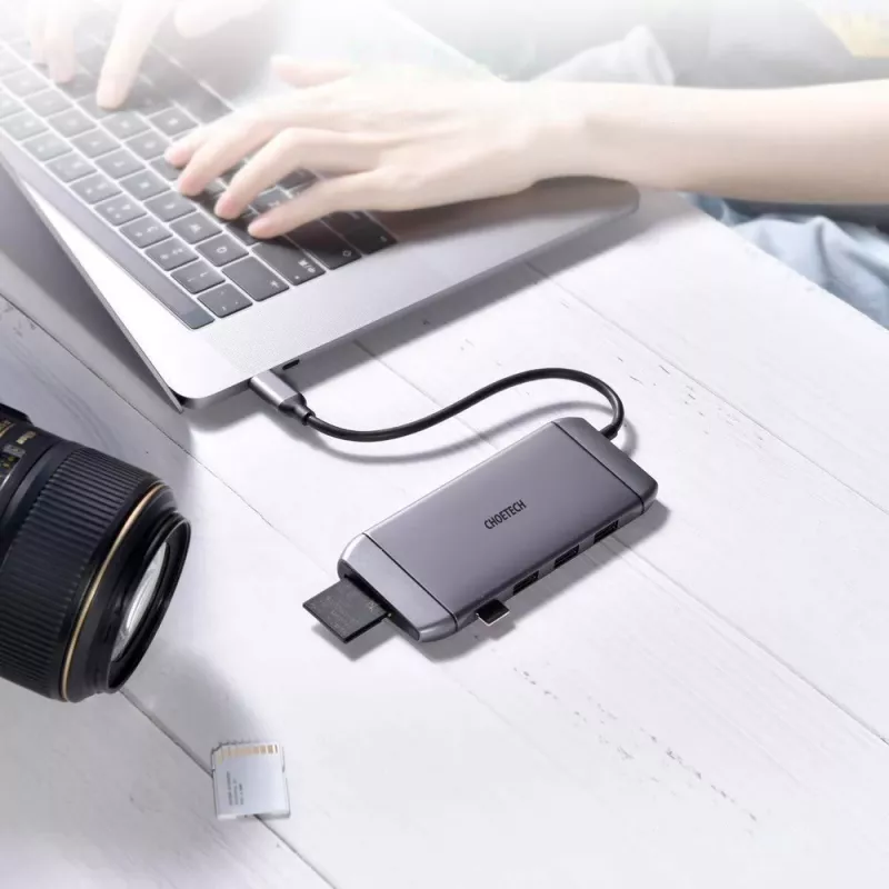 CHOETECH 9-in-1 USB-C Multifunction Hub - 3x USB 3.2 Gen 1, SD/TF Card Reader, HDMI 4K 30Hz, VGA Full HD 60Hz, USB-C PD, RJ45 Gigabit Ethernet, Gray (HUB-M15)