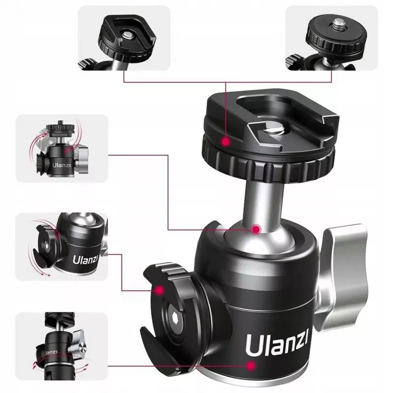 ULANZI U-60 Mini Ball Head su dviem Cold Shoe laikikliais, 1/4 inch sriegis, aliuminio lydinys, 1,5 kg apkrova, juoda