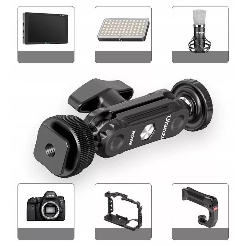 Ulanzi R098 Magic Arm dviguba rutulinė galvutė, 1/4 inch sraigtas ir šaltojo bato laikiklis, juoda