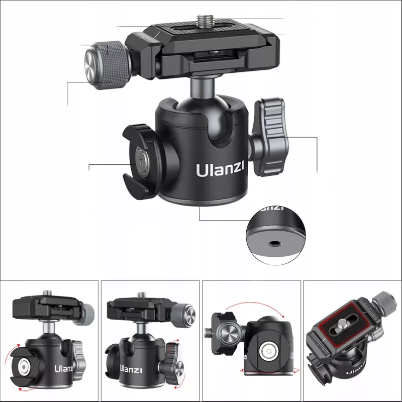 Ulanzi U-80L 3D rutulinė galvutė su Arca-Swiss greito atleidimo plokštele, 20 kg apkrova, 360° panoraminis sukimasis, juoda