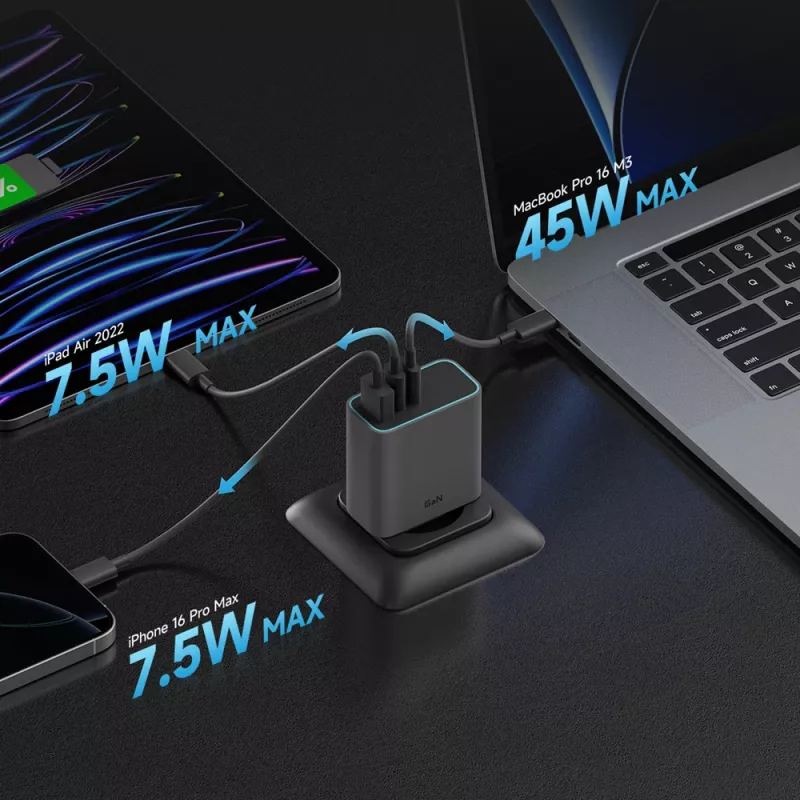 CUKTECH CUKAD653EUGR 65W GaN 3-Port USB-C & USB-A Wall Charger - Grey