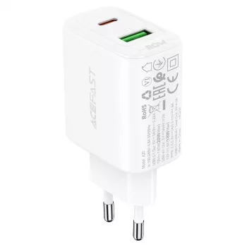Acefast A25 Sieninis Įkroviklis, USB + USB-C, PD 20W (Baltas)