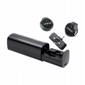 ULANZI A21 belaidis lavalier mikrofonų rinkinys su įkrovimo dėklu, 2 siųstuvais, USB-C imtuvu, 100 m veikimo nuotoliu, juodos spalvos