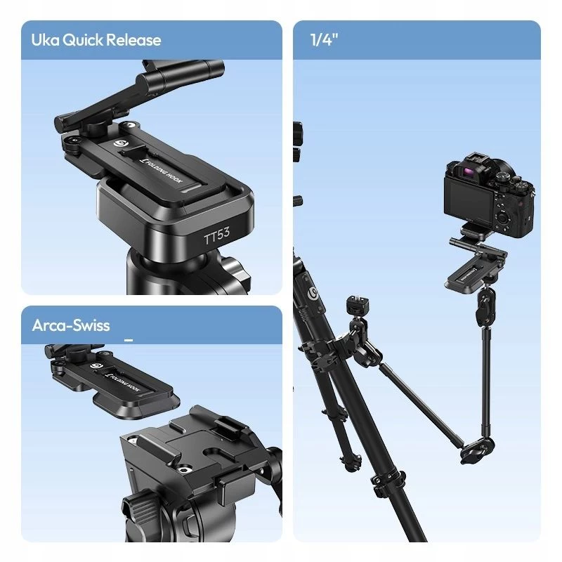 ULANZI CO81 Mantis Tripod su Arca-Swiss QR plokštele, 1/4 colio sraigtu, skirtas kamerai/telefonui/vlogui
