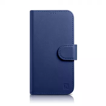 iCarer Wallet Case 2in1, skirta iPhone 14 Plus – autentiškos odos dėklas su RFID blokavimu, kortelių kišenėmis ir stoveliu – mėlyna