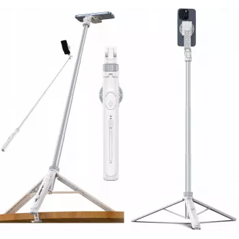 „Ulanzi TT88“ Selfie lazdynas-tripodas su „Bluetooth“ nuotolinio valdymo pulteliu ir papildomu apšvietimu, baltas