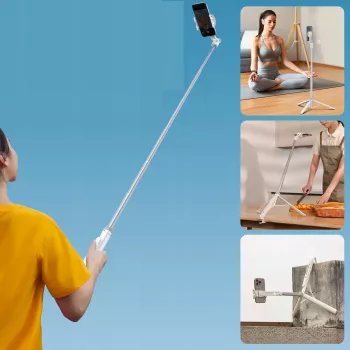 „Ulanzi TT88“ Selfie lazdynas-tripodas su „Bluetooth“ nuotolinio valdymo pulteliu ir papildomu apšvietimu, baltas