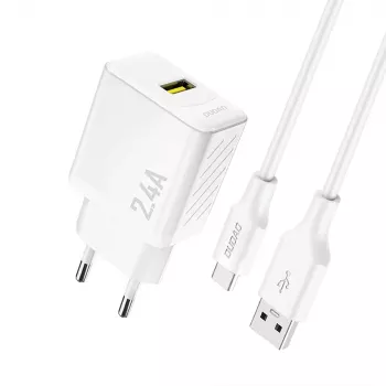 Dudao A23TEU 12W USB-A sieninis įkroviklis su 1m USB-A į USB-C laidu, baltas