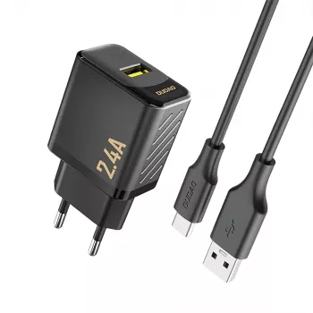 Dudao A23TEU 12W USB-A sieninis įkroviklis su 1m USB-A į USB-C kabeliu, juodas