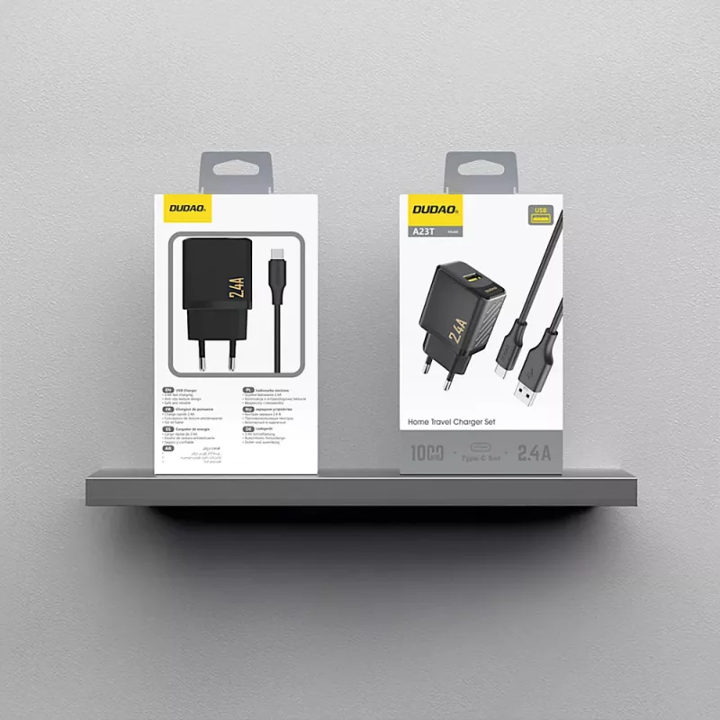 Dudao A23TEU 12W USB-A sieninis įkroviklis su 1m USB-A į USB-C kabeliu, juodas