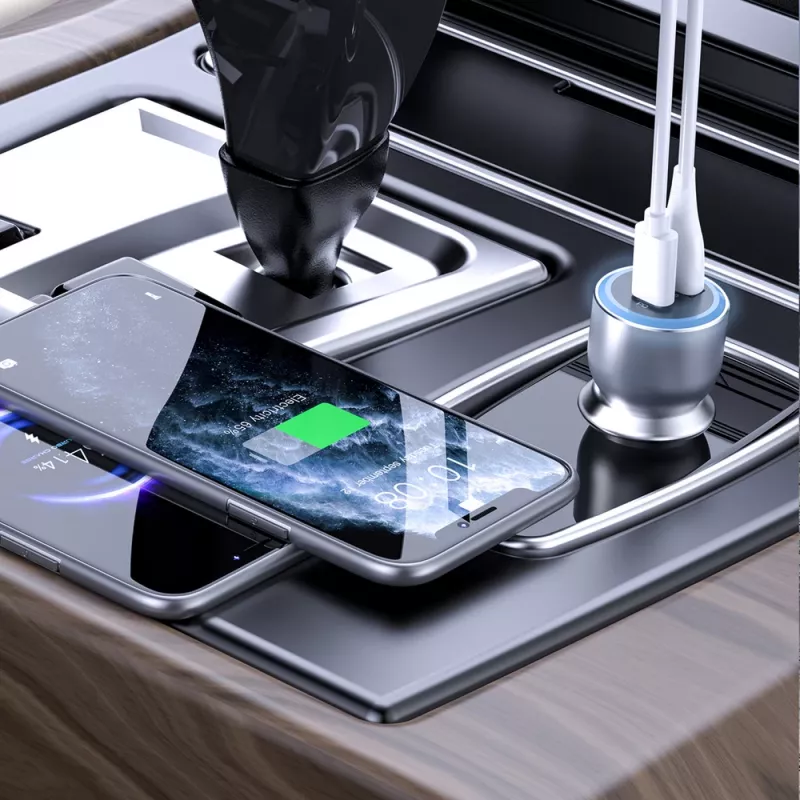 Dudao R4Ultra 120W automobilinis įkroviklis Power Delivery Quick Charge LED USB-A USB-C pilka