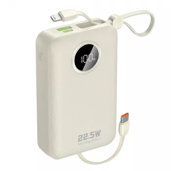 Powerbank Dudao K14+ 20000mAh 22.5W USB-C / USB-A su įmontuotais Lightning ir USB-C laidais - Baltas
