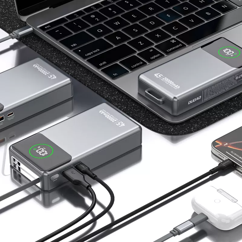 Powerbank Dudao K31 Pro 45W 20000mAh su įtaisyta ištraukiama USB-C laido sistema – Pilka