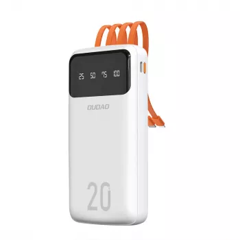 Dudao K6Pro+ Power Bank 20000mAh su 4 įmontuotais kabeliais USB-C, Micro USB, Lightning, USB-A (įėjimas) - Balta