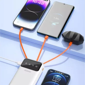 Dudao K6Pro+ Power Bank 20000mAh su 4 įmontuotais kabeliais USB-C, Micro USB, Lightning, USB-A (įėjimas) - Balta