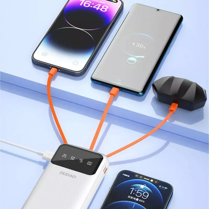 Dudao K6Pro+ Power Bank 20000mAh su 4 įmontuotais kabeliais USB-C, Micro USB, Lightning, USB-A (įėjimas) - Balta
