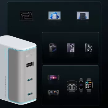 CUKTECH AD1003EU 100W GaN sieninis įkroviklis 2x USB-C + USB-A su kabeliu - Baltas