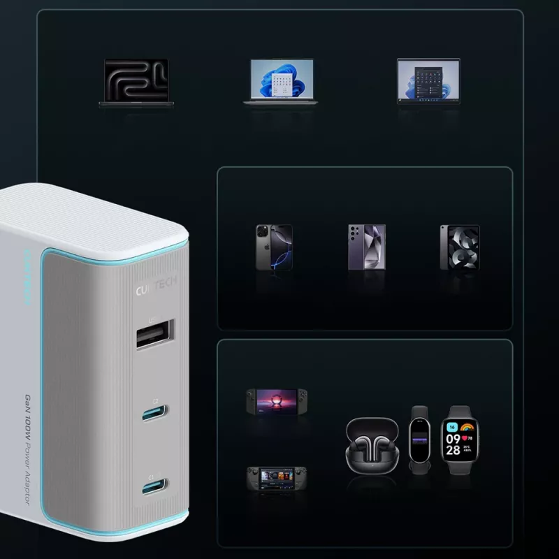 CUKTECH AD1003EU 100W GaN sieninis įkroviklis 2x USB-C + USB-A su kabeliu - Baltas