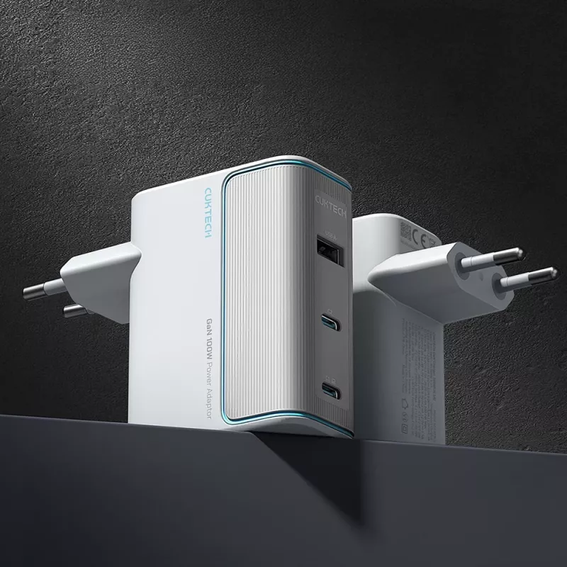 CUKTECH AD1003EU 100W GaN sieninis įkroviklis 2x USB-C + USB-A su kabeliu - Baltas