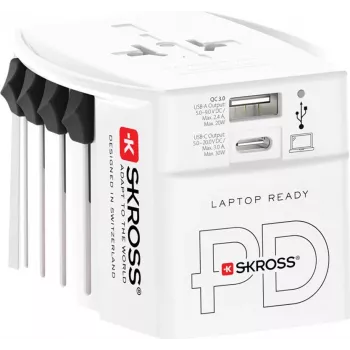 SKROSS MUV USB AC30PD Pasaulinis kelioninis adapteris su USB įkrovikliu, baltas
