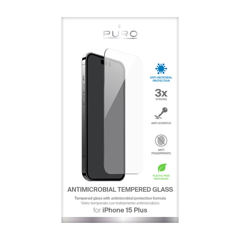 PURO Anti-Bacterial Grūdinto Stiklo Ekrano Apsauga, skirta Apple iPhone 15 Plus