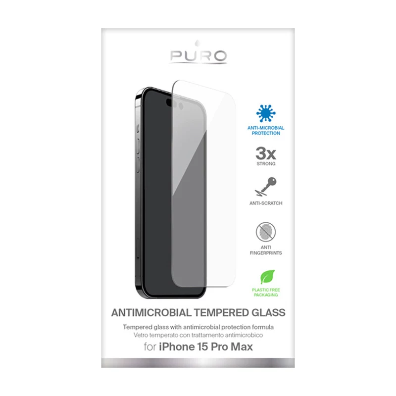 PURO Anti-Bacterial Grūdinto Stiklo Ekrano Apsauga, skirta Apple iPhone 15 Pro Max