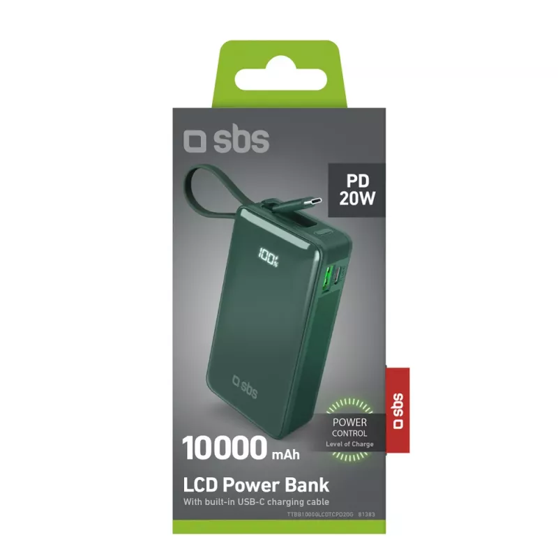 SBS Power Bank 10000 mAh su įmontuotu USB-C laidu Žalia
