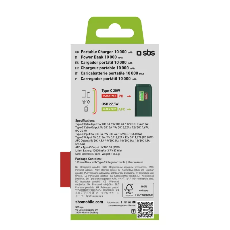 SBS Power Bank 10000 mAh su įmontuotu USB-C laidu Žalia