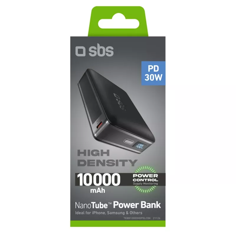 SBS HD 30W 10000mAh USB-C Power Bank with LCD Display - Black