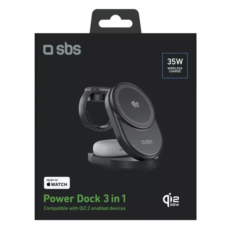 SBS Qi2.2 25W Inductive 3-in-1 Foldable Charging Station with MFI Certification - Black