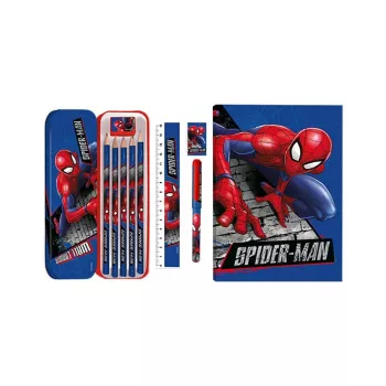 KIDS 11-in-1 Spider-Man mokyklinis raštinės reikmenų rinkinys su penaline, spalvotais pieštukais, A5 sąsiuviniu ir dar daugiau