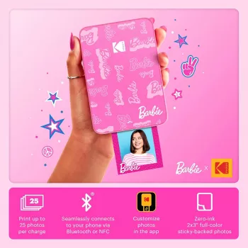 KODAK Step Slim Barbie Momentinė nuotraukų spausdintuvė - Bluetooth 5.0, ZINK Zero Ink technologija, 2x3 colių nuotraukos, Barbie rožinė
