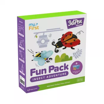 myFirst 3dPen Make Filaments Fun Pack Insect Adventure – kūrybinis rinkinys 3D rašikliui: 5 šablonai, 17 PCL gijų (34 m), atgal traukiantis automobilis, termoplastinis lapas