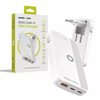 Mobile Origin 65W GaN Slim Dual USB-C Single USB-A Wall Charger, White