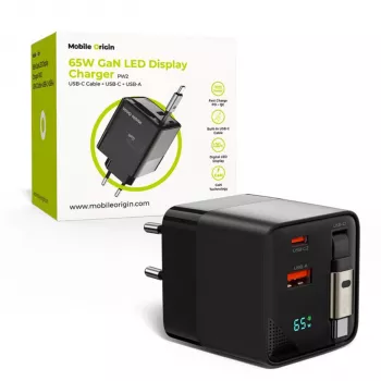 Mobile Origin 65W GaN Įkroviklis su USB-C ištraukiamu kabeliu ir USB-A prievadu, 75 cm