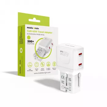 Mobile Origin 45W kelioninis adapteris EU/US/UK/AU PW26, baltas