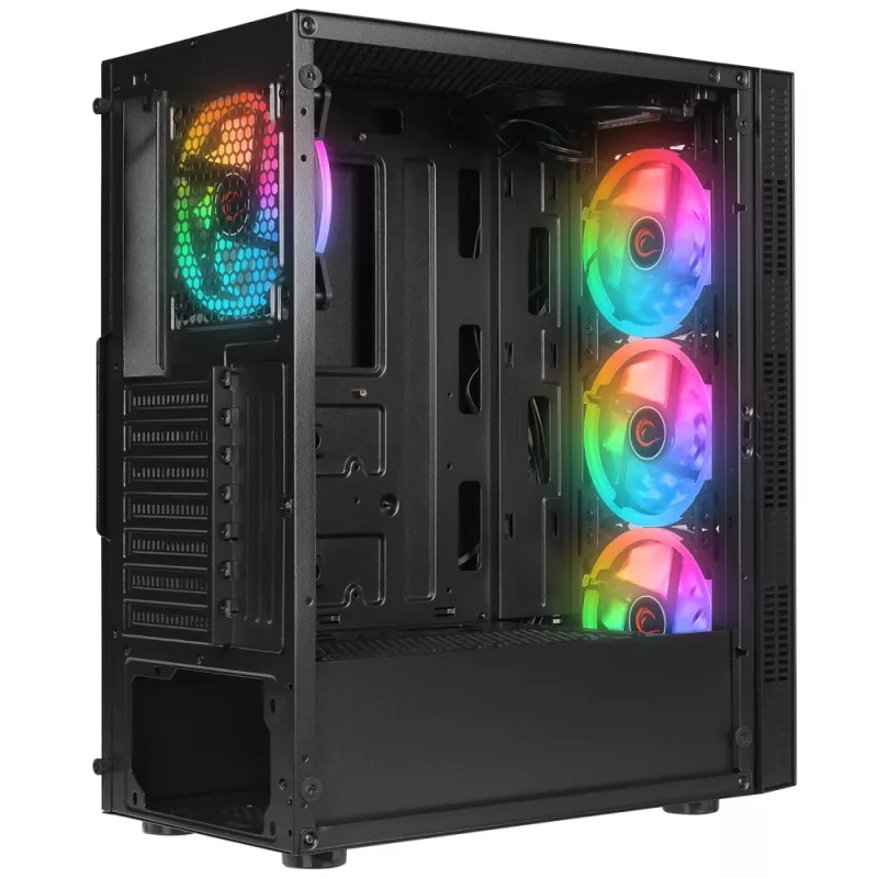 Rampage PLAID V1 Mid Tower PC Case with Tempered Glass Window, 4x 120mm RGB Fans, Black